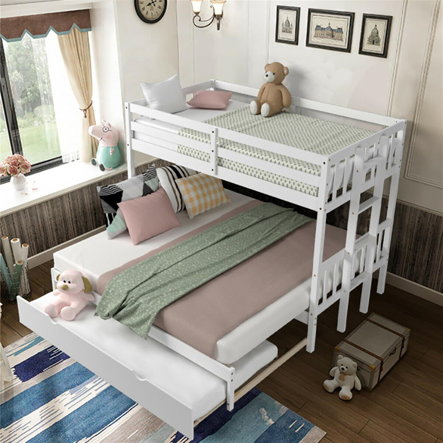 Demi Bonn Twin Pull-Out Bunk Beds with Ladder in the Steps and a Trundle, Bunk Bed Platform, White