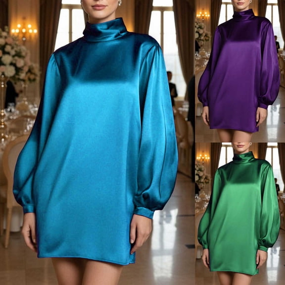 asdoklhq Party Dresses for Women Solid Color High Neck Batwing Long Sleeve Loose Dress Skirt Purple XL