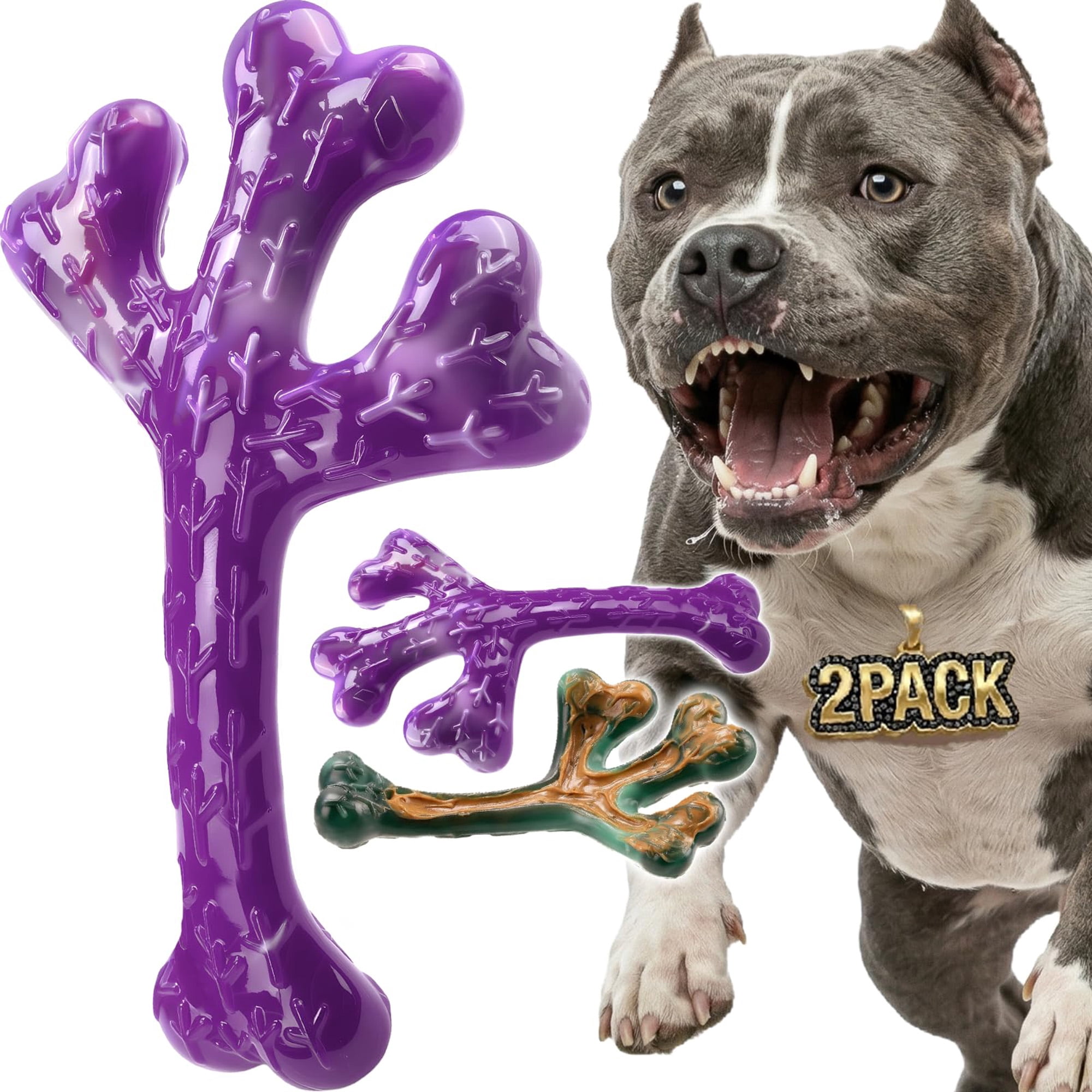 Indestructible dog chew toys for aggressive chewers, 2 pack beef flavored nylon bones and textured cactus toy for large dogs 20-90 lbs, stuffable with peanut butter, long lasting, green