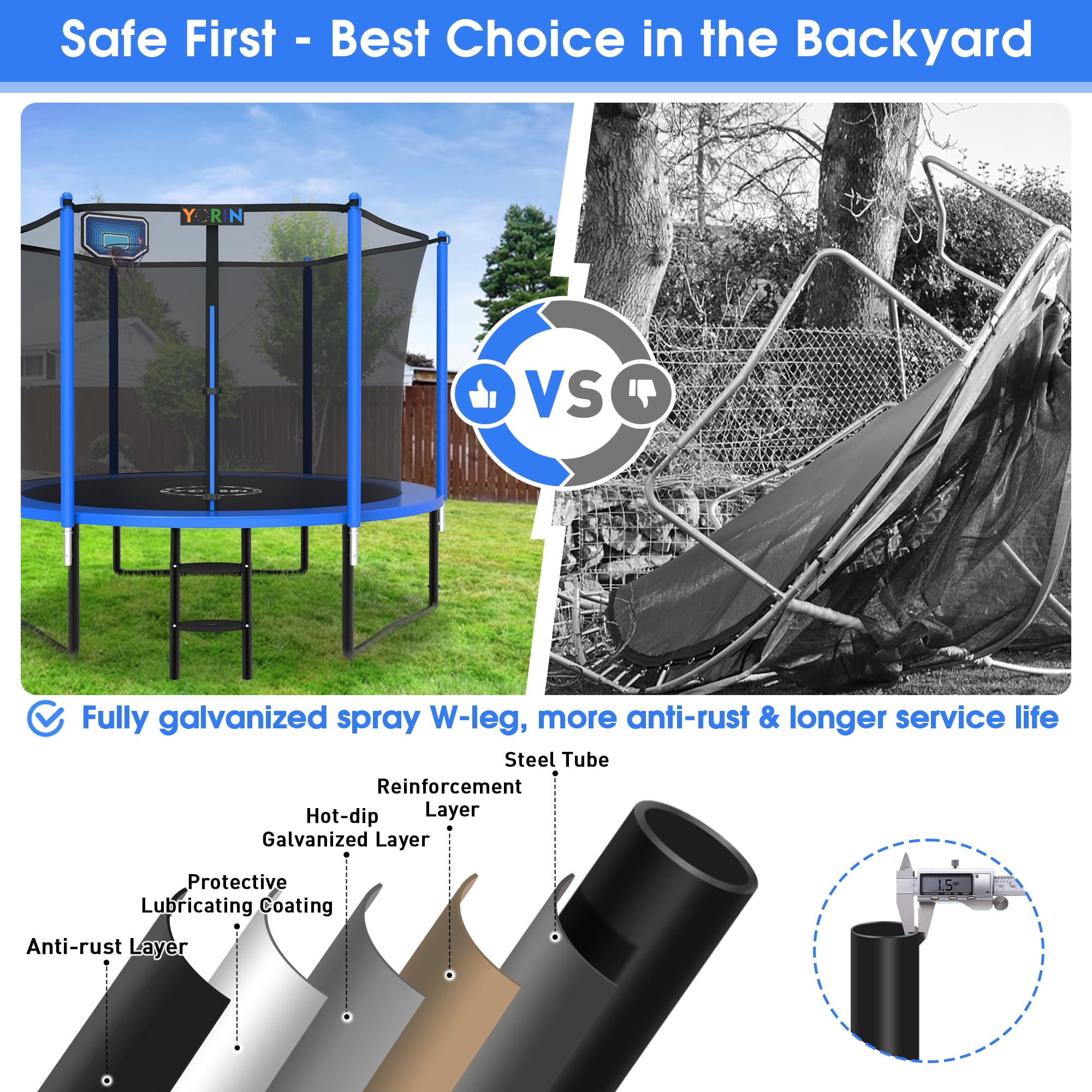YORIN Trampoline, 10FT Trampoline for 3-4 Kids Adults with Enclosure Net, 1000LBS Outdoor Trampoline with Basketball Hoop, Ladder, Galvanized Anti-Rust Coating Heavy Duty Round Trampoline