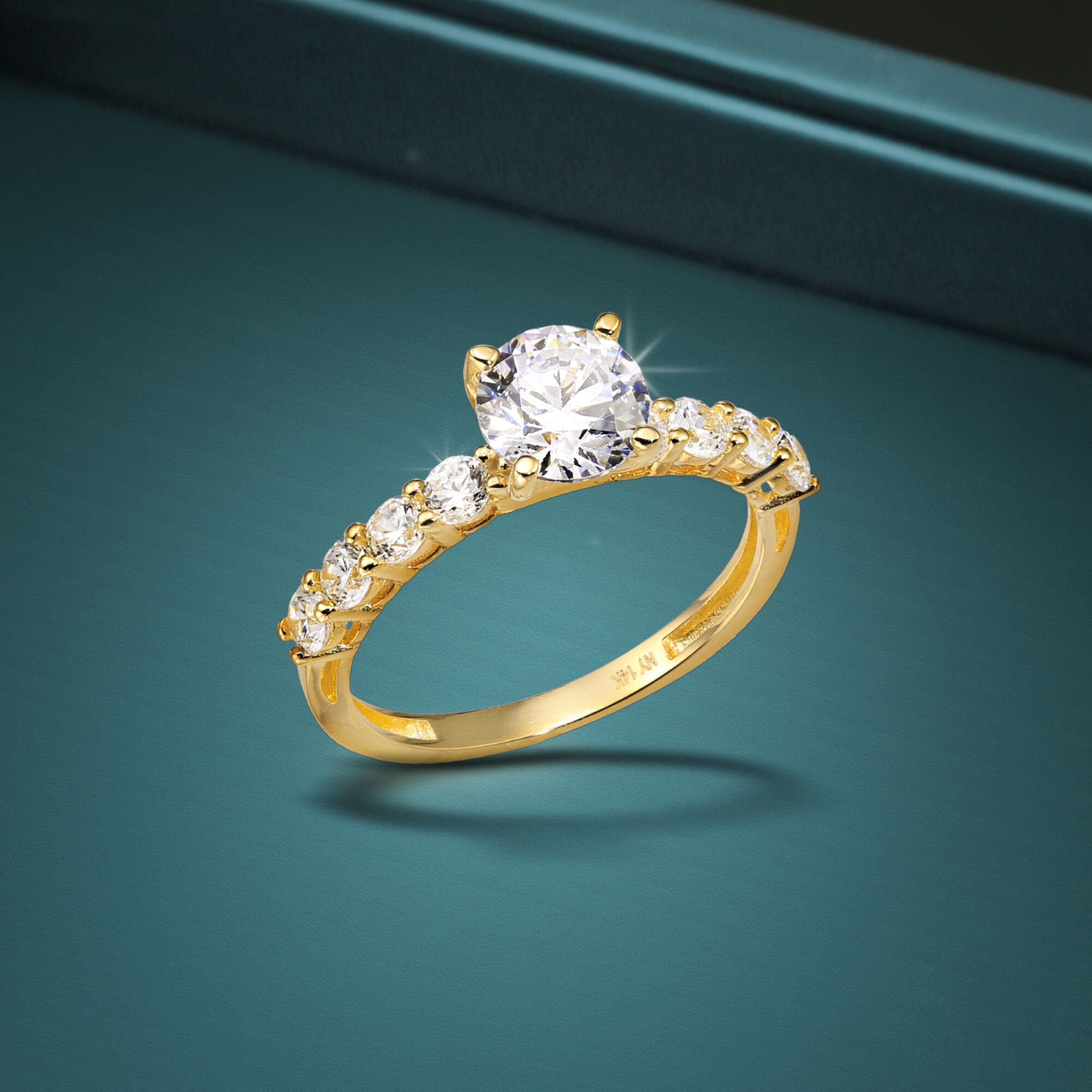 Tilo Jewelry 14K Yellow Gold 1 Carat Solitaire Round Brilliant Engagement Wedding Ring with Side-stone Accents | Size 5 | Classic Engagement Ring for Women