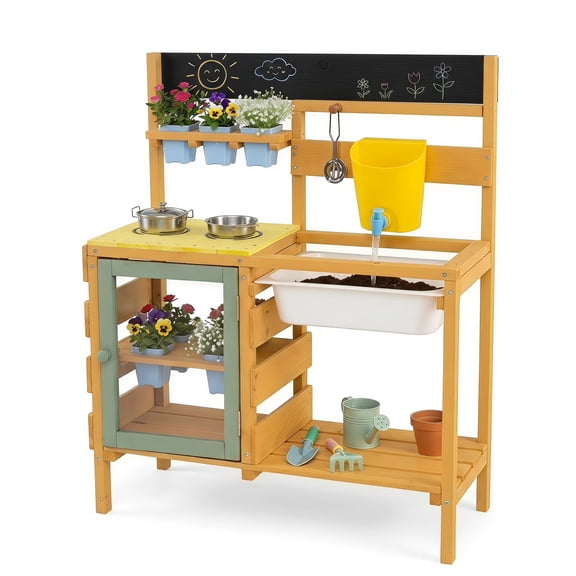 Costway Kids Wooden Mud Kitchen with 14 Accessories, 2 Stoves, Yellow Yellow