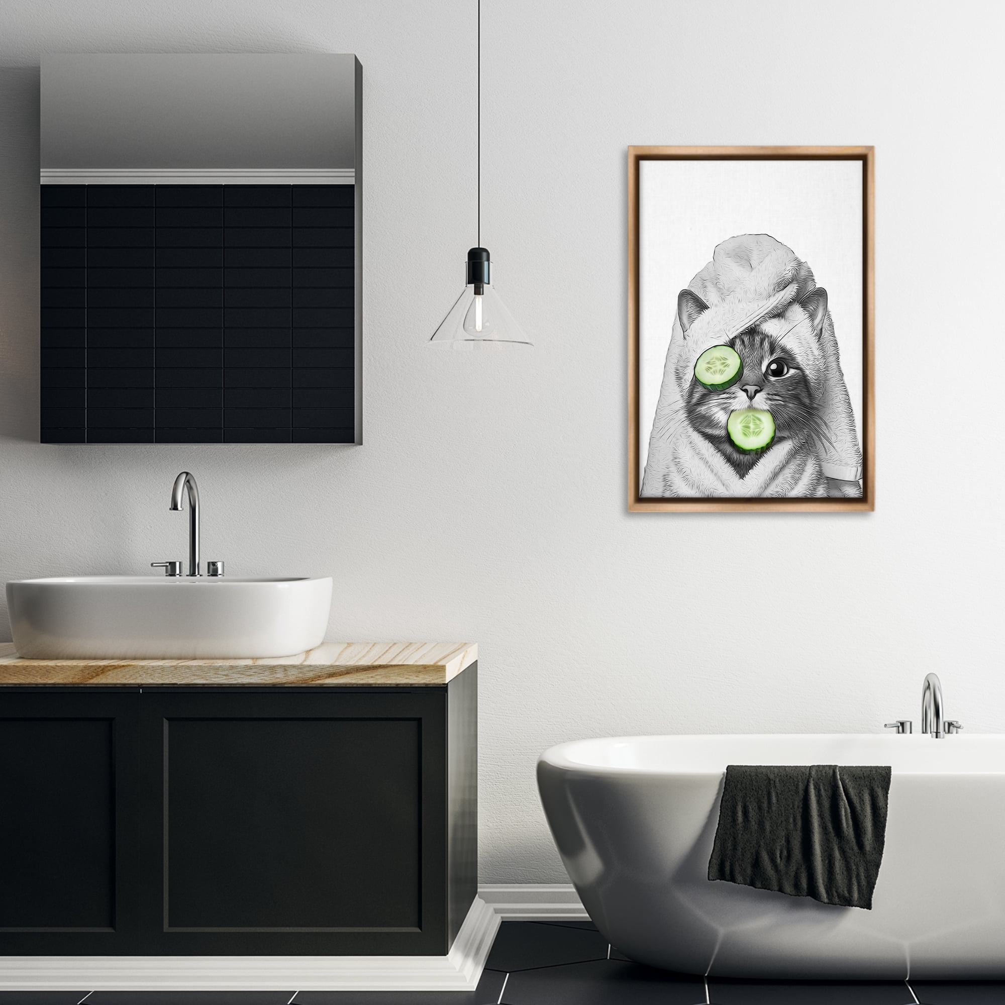 Stupell Industries Spa Bath Day Cat Typography Painting Brown Floater Framed Canvas Art Print Wall Art, 21 x 31