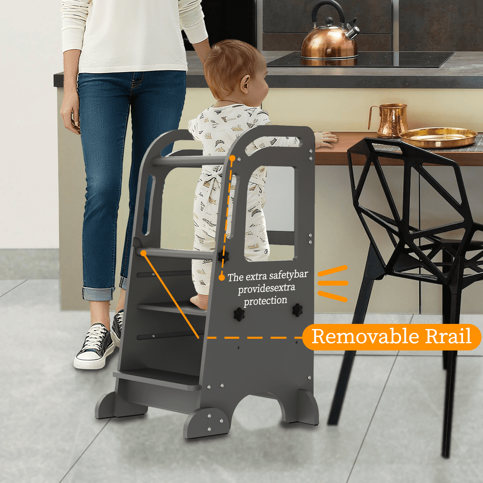 G TALECO GEAR Toddler Tower with Chalkboard, Toddler Kitchen Kids Step Stool Helper, Wooden Stool with Rounded Corner Protection Design, Gray