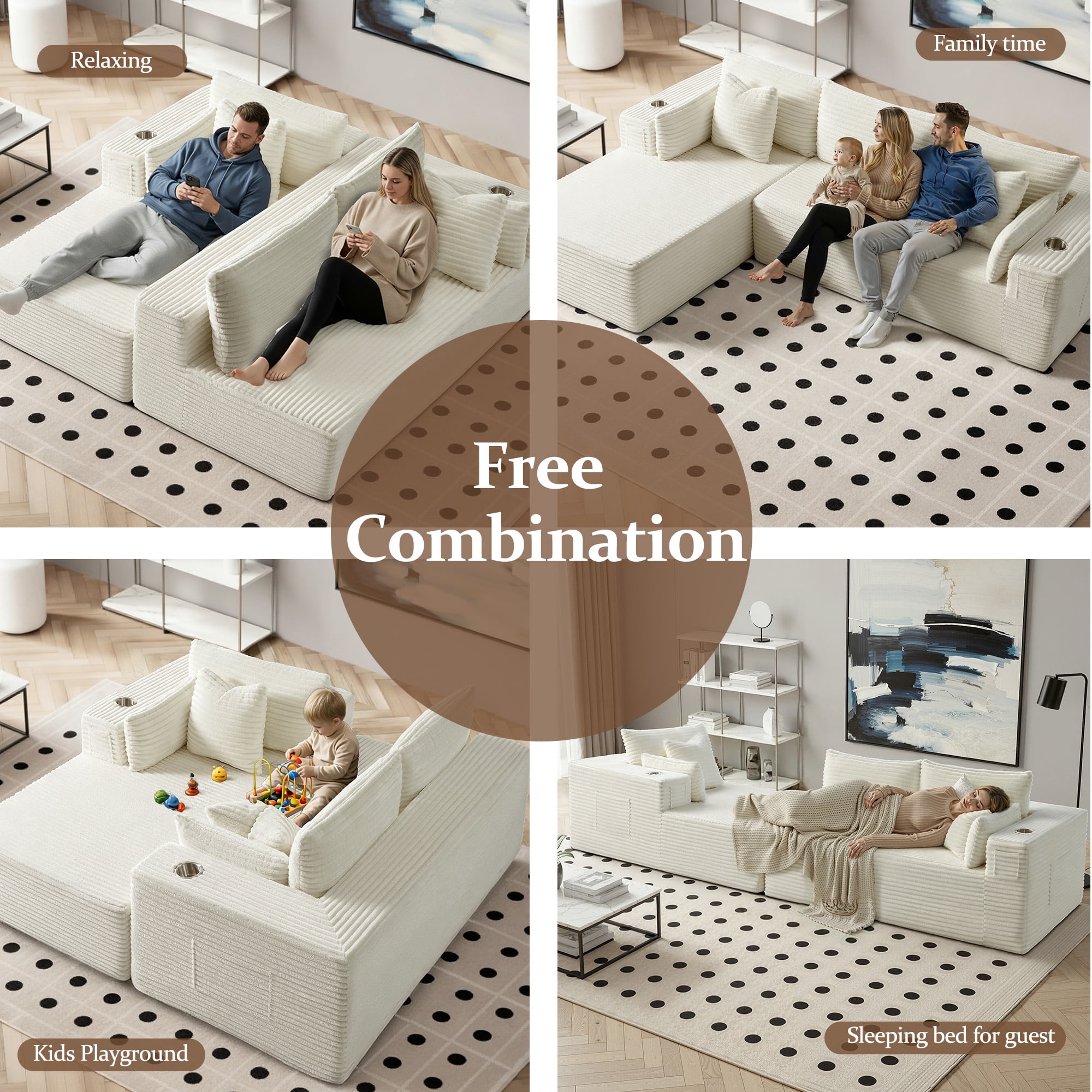 3 Seats Boneless Modular Cloud Sectional Sofa with Chaise, Extra-Wide Deep Seats Plush Corduroy Sleeper Soft Couch for Modern Living Rooms, Small Spaces & Apartments (Beige, 108"-L Shape Left)