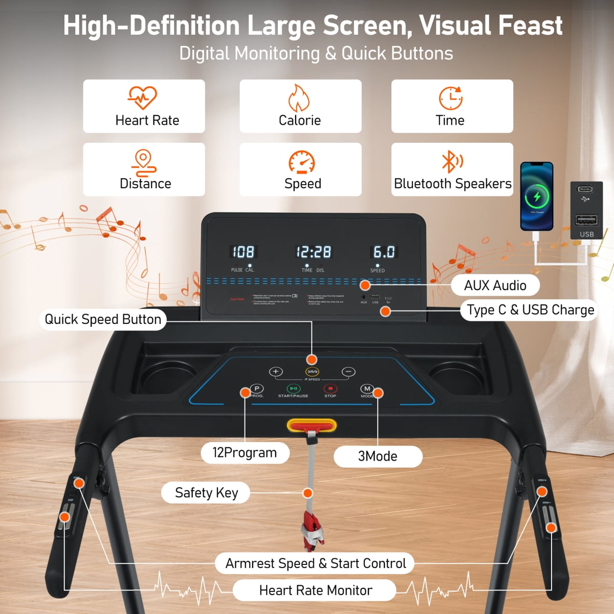 Treadmill with Incline, 3.0HP Quiet Foldable Treadmills for Home, 10.0MPH 300 LBS Weight Capacity Home Exercise Equipment Treadmills with Heart Rate Sensors,Type C&USBCharge Station ,Bluetooth