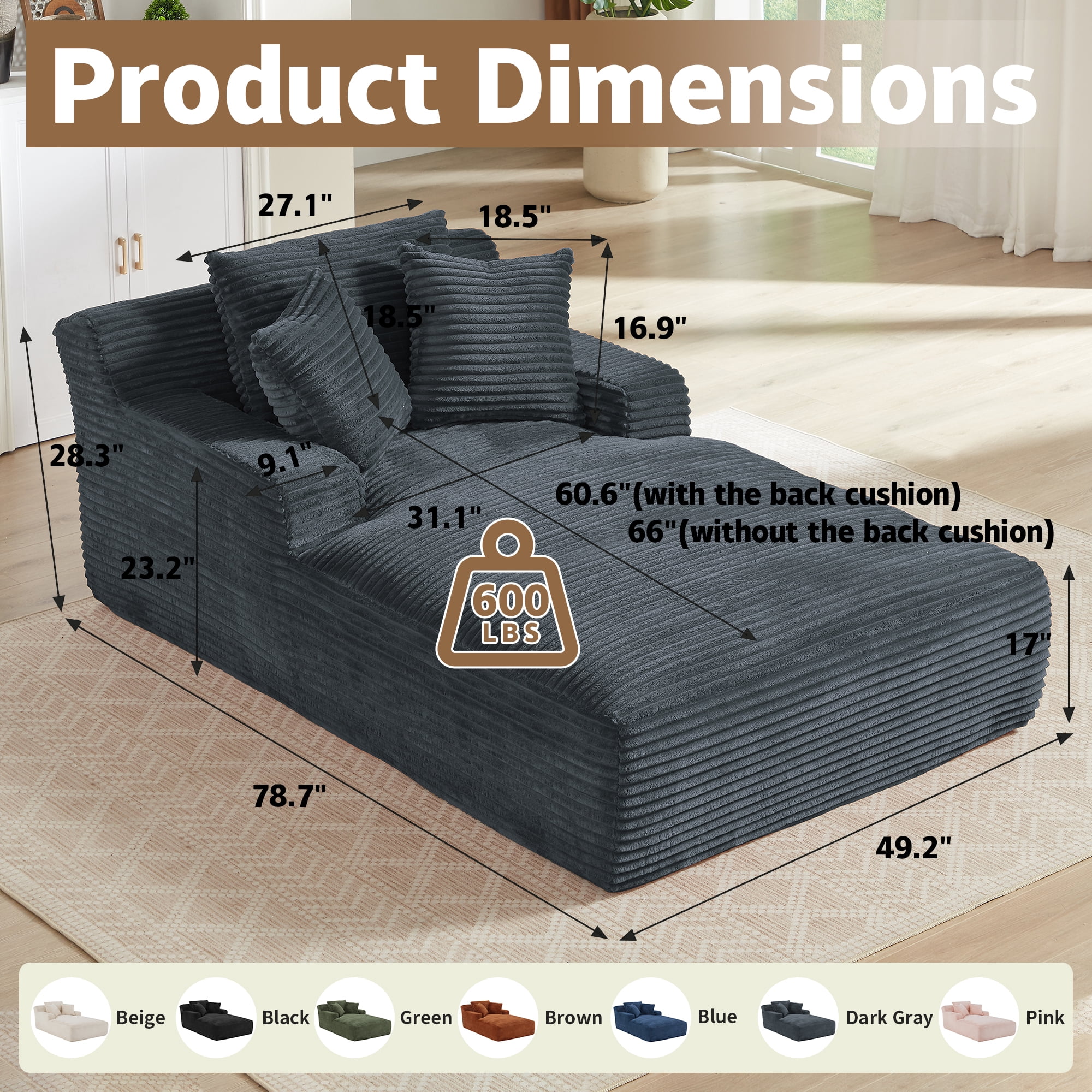 Kosynda Extra-long 79" Chaise Lounge Chair Indoor, Corduroy Upholstered Modern Sofa Couch with Pillows for Living Room, Office, No Assembly Required, Dark Gray