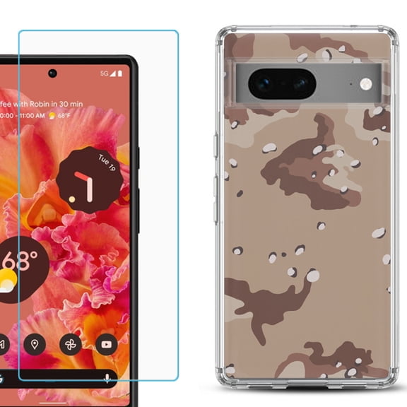 Slim-Fit Gel TPU Phone Case for Google Pixel 7, with Tempered Glass Screen Protector, by OneToughShield ® - Desert Camo