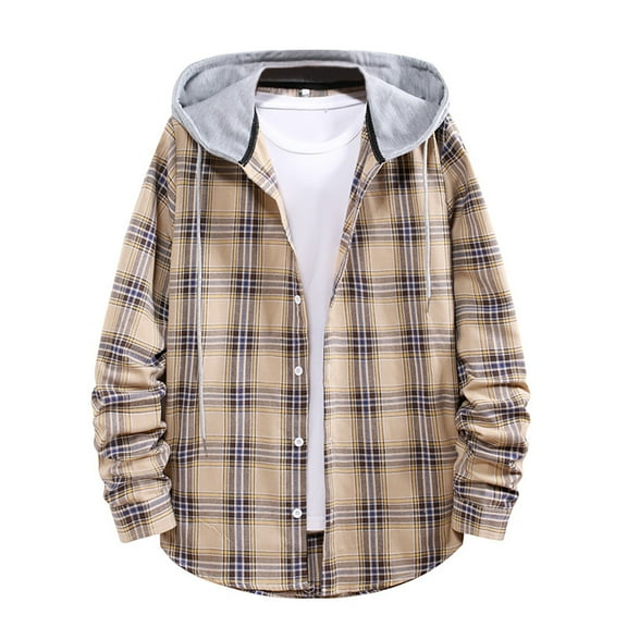 YAYUBA Men's Flannel Jacket with Hood Quilted Lined Plaid Shirts Jacket Cotton Long Sleeve Button Down Shirt Shacket