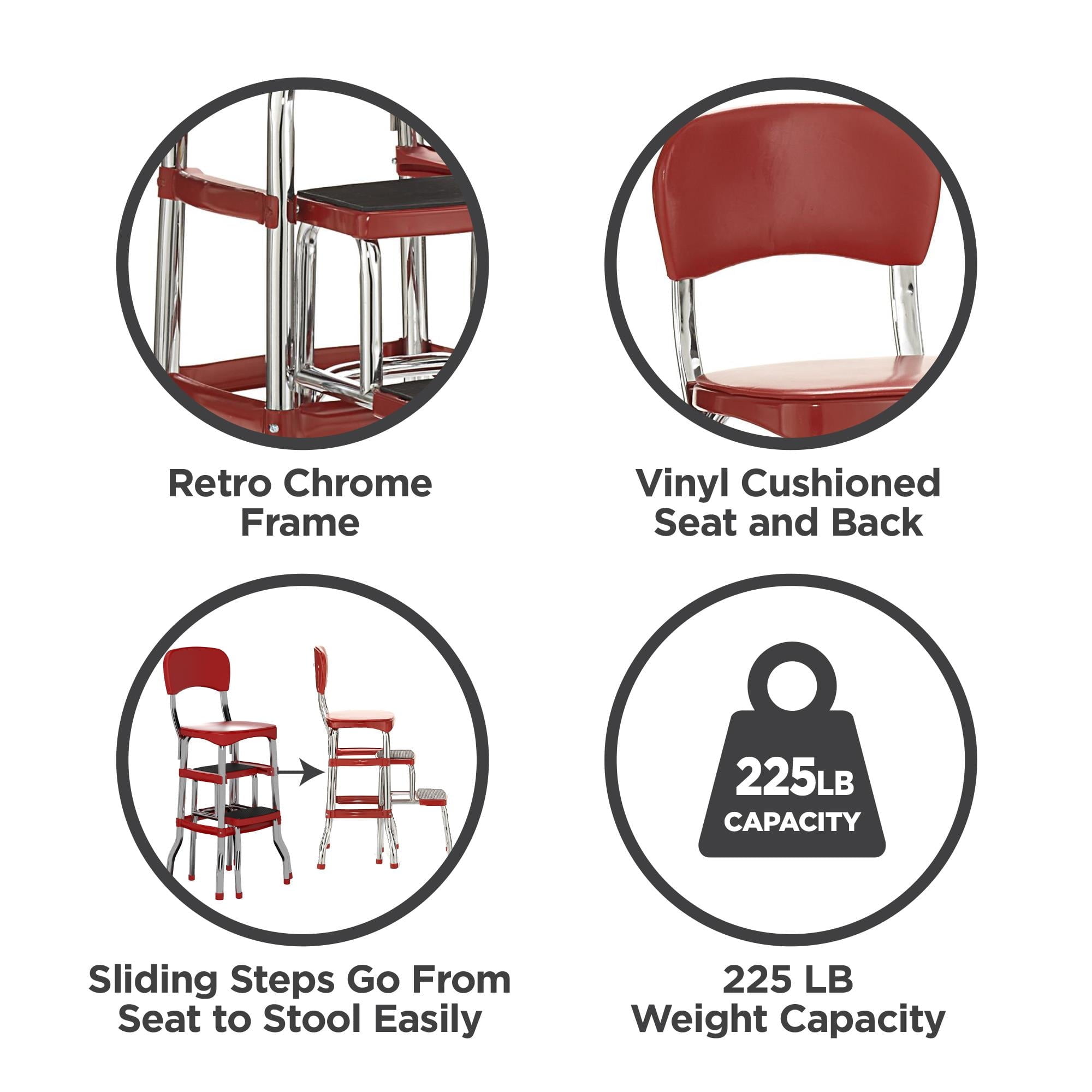 COSCO Stylaire Retro Chair + 2-Step Steel Step Stool w/ Pull-Out Steps, Red