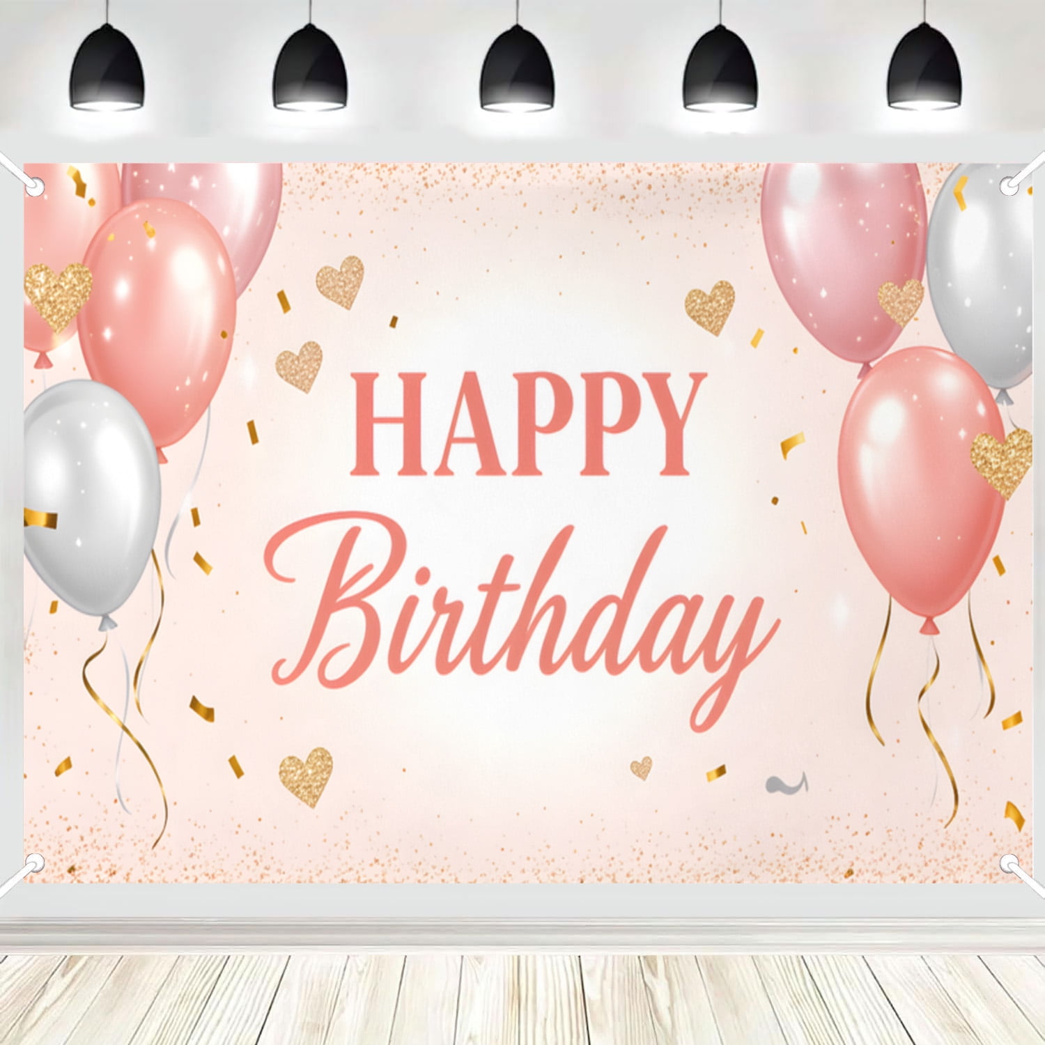 Happy Birthday Backdrop Pink Gold Balloon with Heart Confetti Photo Background Banner for Women Birthday Party Photography Booth Decor 4x6ft