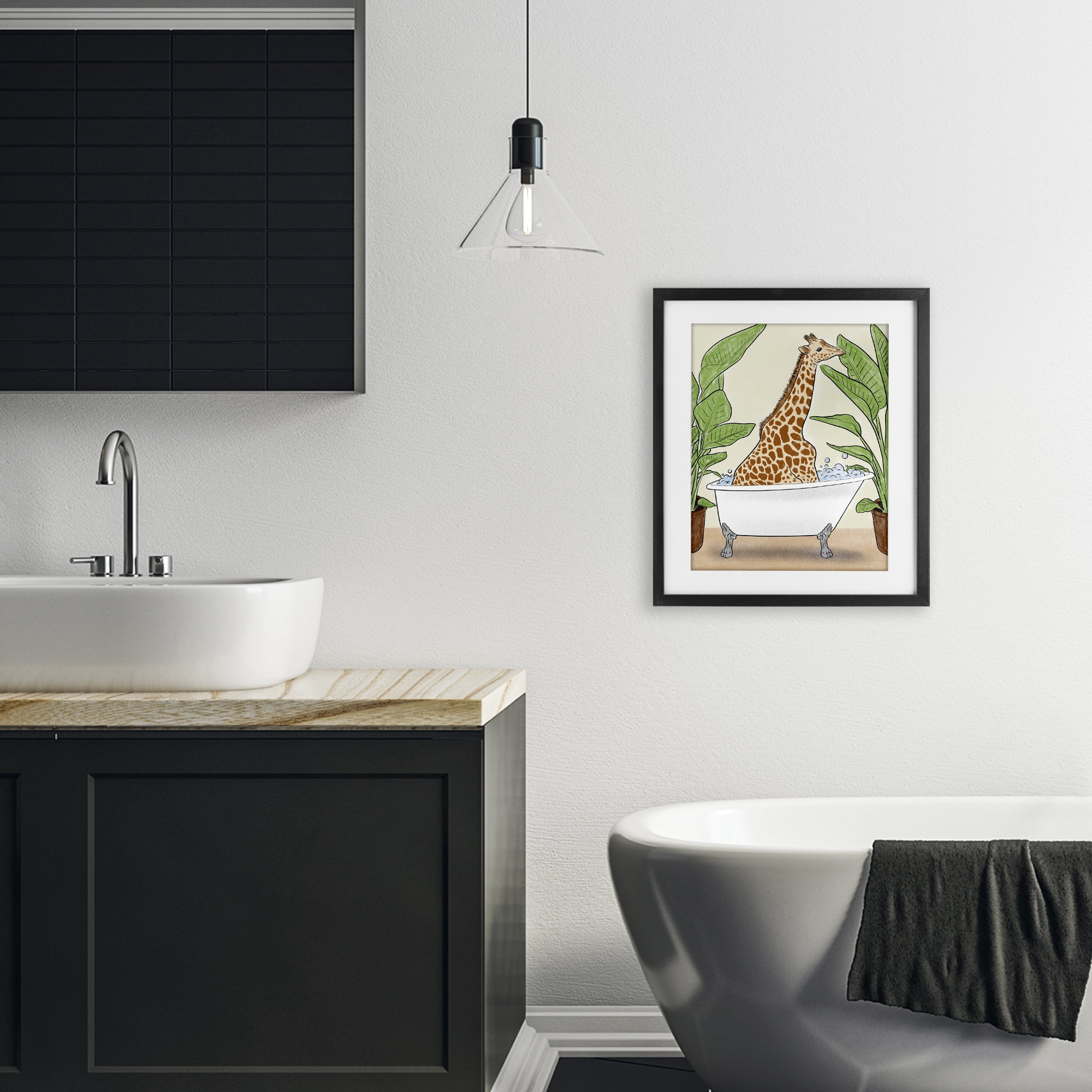 Stupell Industries Bathing Giraffe & Plants Black Framed Print Under Glass, design by Marcus Prime