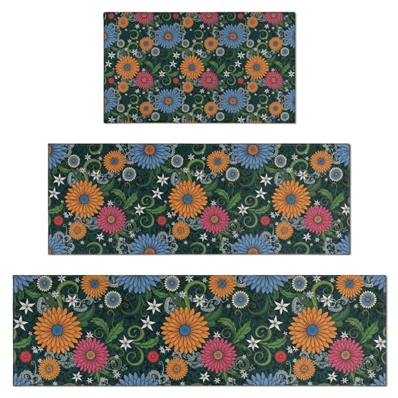 Pioneer Flower Floral Print Pattern Kitchen Rugs Sets Of 3,Kitchen Runner Rugs Non Skid Washable,Decorative Kitchen Floor Mats for Kitchen,Sink,Laundry,17X30 Inch 17X47 Inch 17X59 Inch