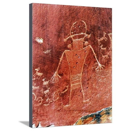 Native American Rock Art - Native American Indian Fremont Petroglyphs Sandstone Mountain Capitol Reef National Park Torrey Stretched Canvas Print Wall Art By William Perry