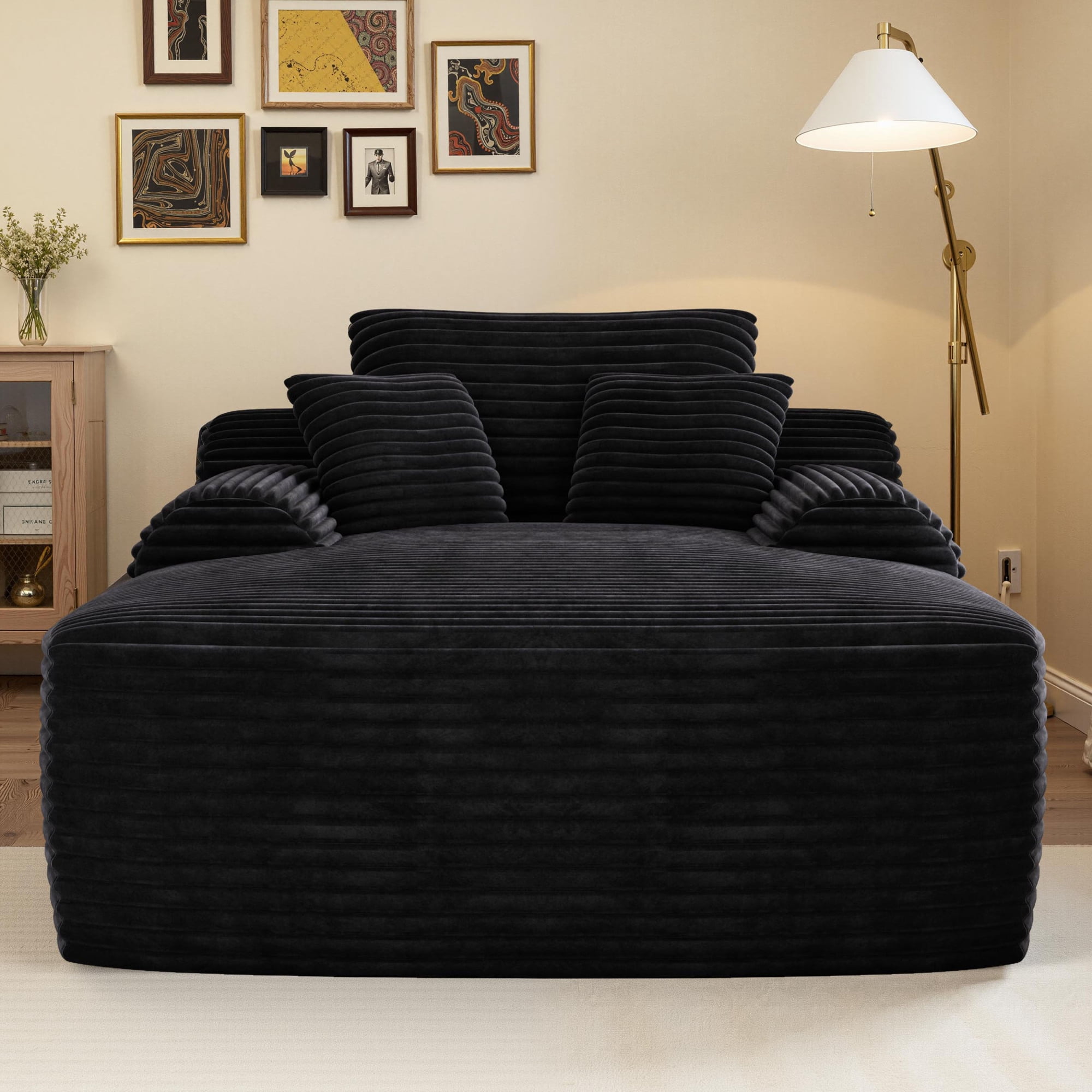 Leumius Oversized Chaise Lounge Chair Indoor, Cozy Boneless Sleeper Sofa Bed with Wide Armrest & Throw Pillows for Living Room,Bedroom,No Assembly Required,Black(Plush)