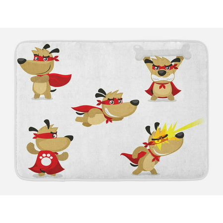 Dog Bath Mat, Superhero Puppy with Paw Costume and Mystic Powers Laser Vision Supreme Talents, Non-Slip Plush Mat Bathroom Kitchen Laundry Room Decor, 29.5 X 17.5 Inches, Red Cream White, Ambesonne
