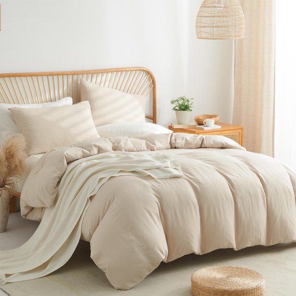 2 Pieces Washed Cotton Ultra Soft Beige Duvet Cover All-Season Breathable and Organic Feel for Bedroom Decor,Twin Size