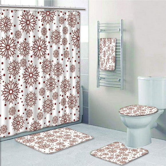 EREHome Geometric Vivid Floral Arrangement Traditional Polka Dots Winter Holiday Inspired Palette 5 Piece Bathroom Set Shower Curtain Bath Towel Bath Rug Contour Mat and Toilet Lid Cover