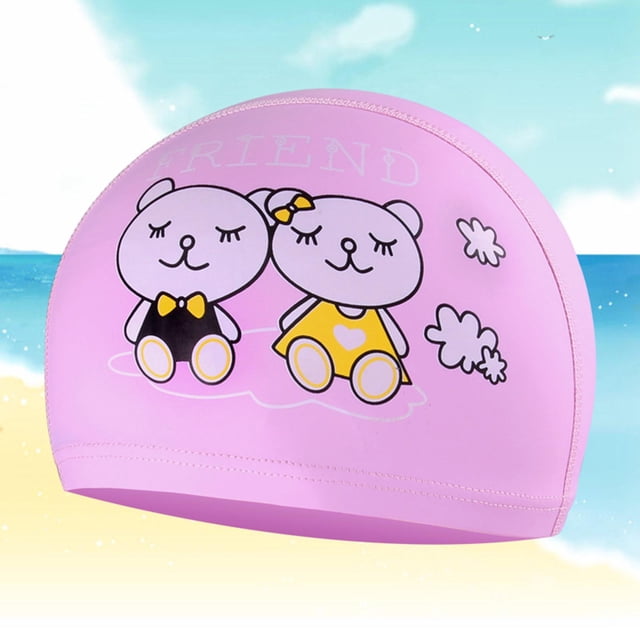 Gorro de natación 3D PU DYNWAVEMX para Niño con gorro de cabellero corto a mediano Rosa oso Nadar infantil