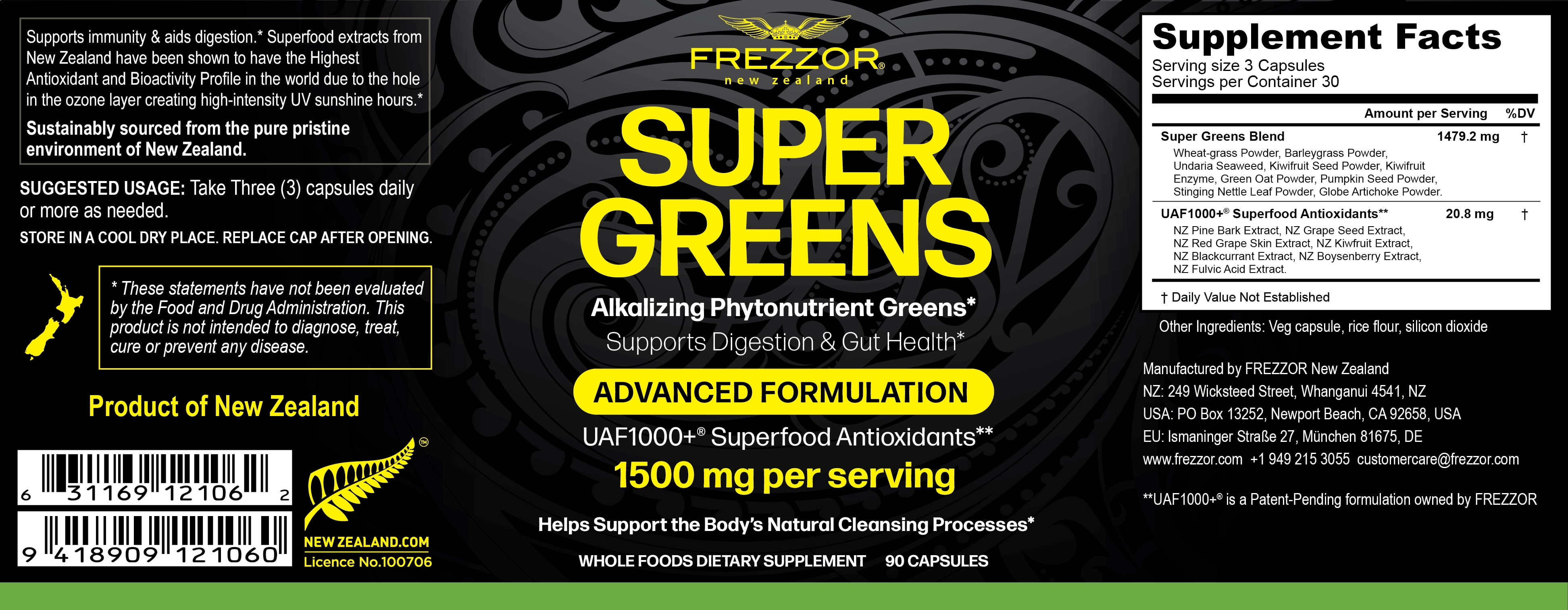 FREZZOR Super Greens Capsules with UAF1000+, Wheat Grass Supplement, Antioxidants, 270 Count, 3 Bottles