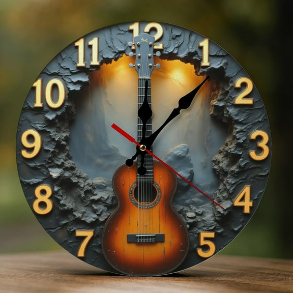 Wall Clock Decorative - Vintage Guitar Print 2D Vintage Wall Clocks Battery Operated Silent Non-Ticking for Bedroom, Living Room, Kitchen, Office, Classroom, 10 Inch