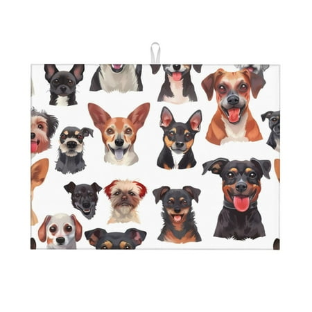 

Honeii Happy Dog Faces Collage Print Kitchen Drying Mat Coffee Bar Mat Hide Stain Coffee Maker Mat for Countertops Coffee Pot Dish Drying Mat