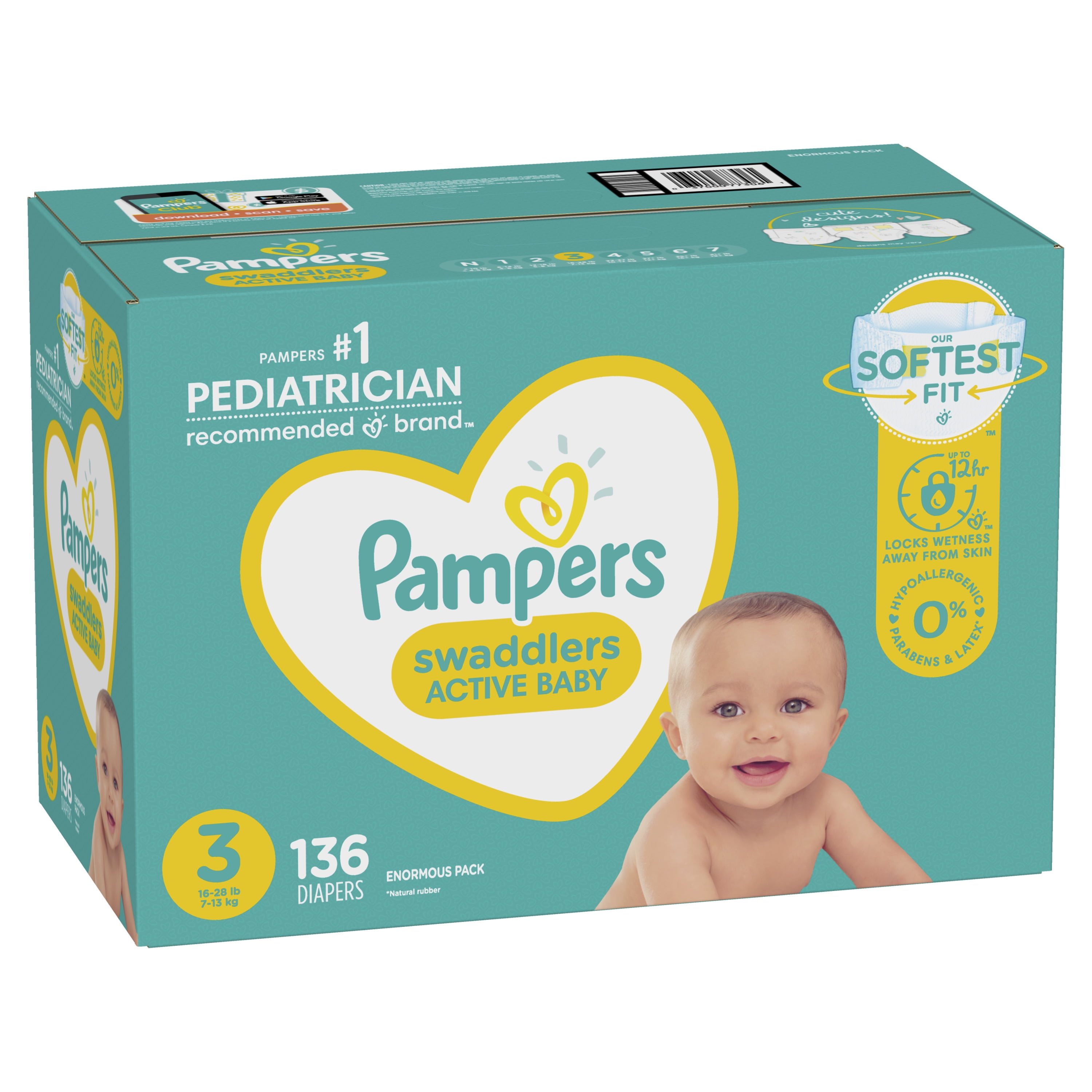 Pampers Swaddlers - Pañales desechables muy suaves para bebé talla 3, 136  unidades