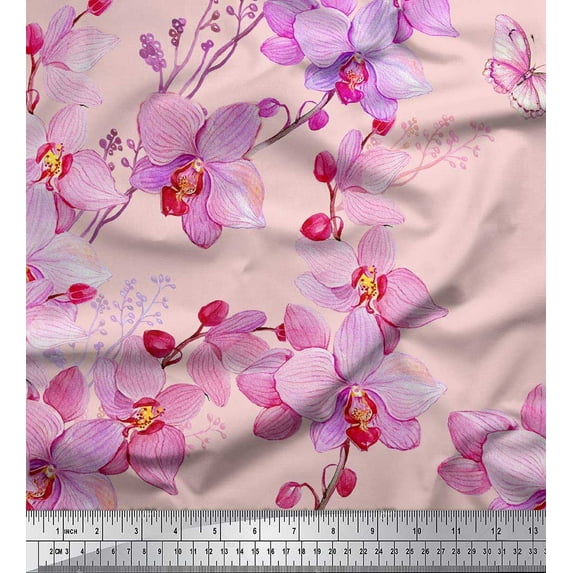 Soimoi Modal Satin Fabric Bird & Orchids Flower Print Fabric by the Yard 42 Inch Wide