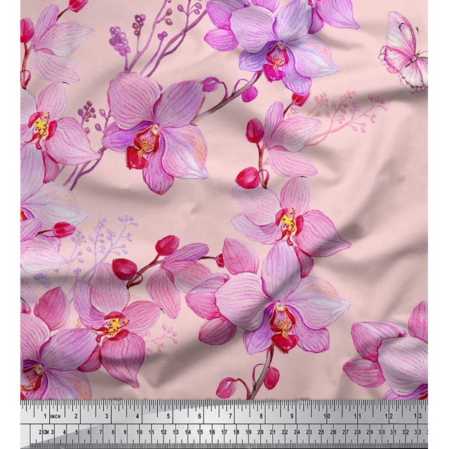 Soimoi Rayon Fabric Bird & Orchids Flower Print Fabric by Yard 42 Inch Wide