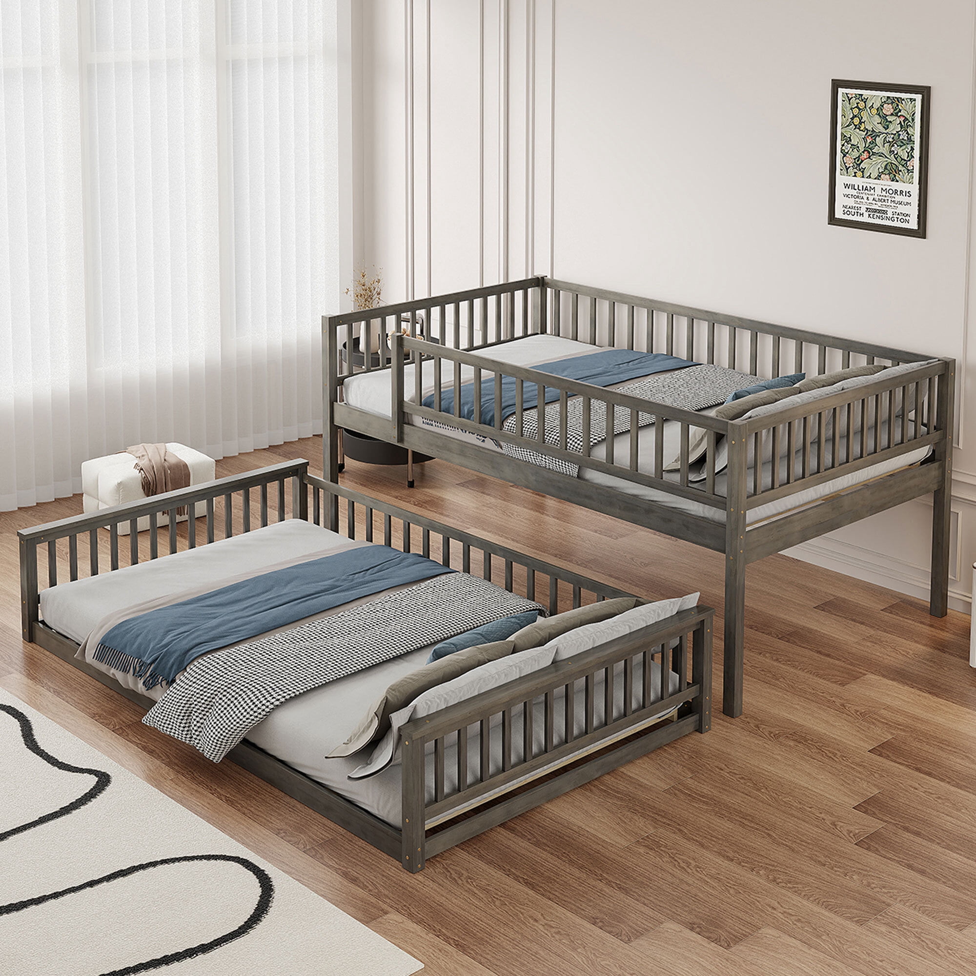Euroco Wood Queen over Queen Bunk Bed with Ladder and Guardrails, Gray
