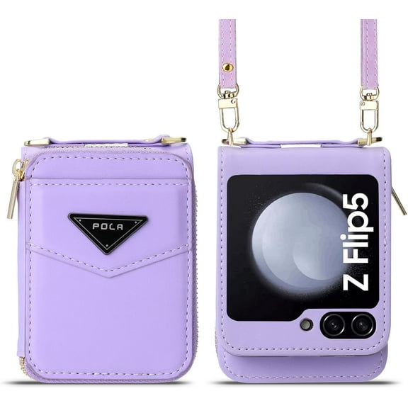 Women Wallet Purse for Samsung Galaxy Z Flip 5 5G Case Crossbody with Credit Card Holder Strap Lanyard Flip5 Leather Zipper (Purple,Z Flip 5)
