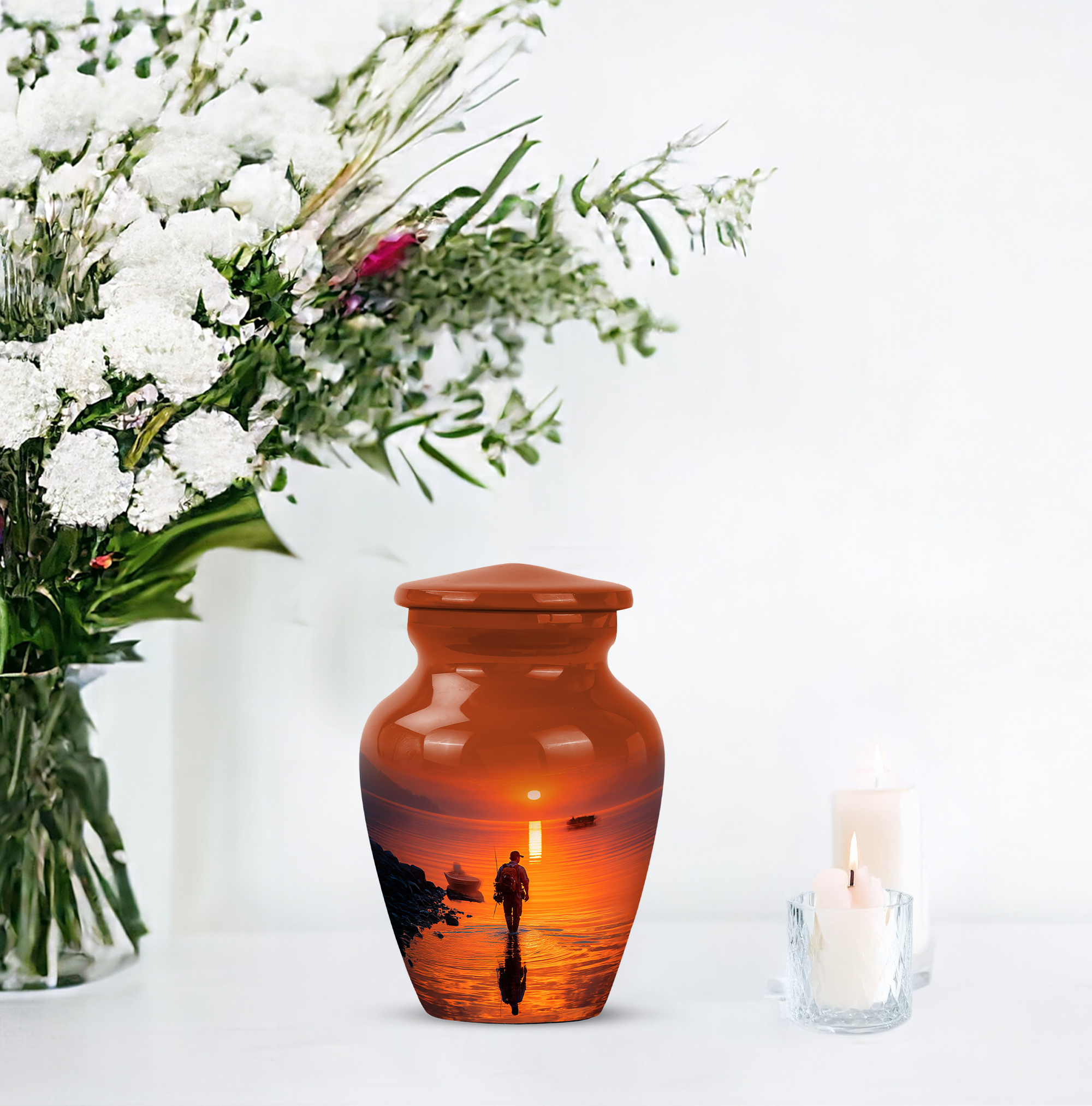 Fishing Man Small Keepsake Urn For Ashes Adult Male And Female - Brown Cremation Urns For Human Ashes For Husband And Wife - Sunset Memorial Mini Urn For Daughter And Son 3 Inch