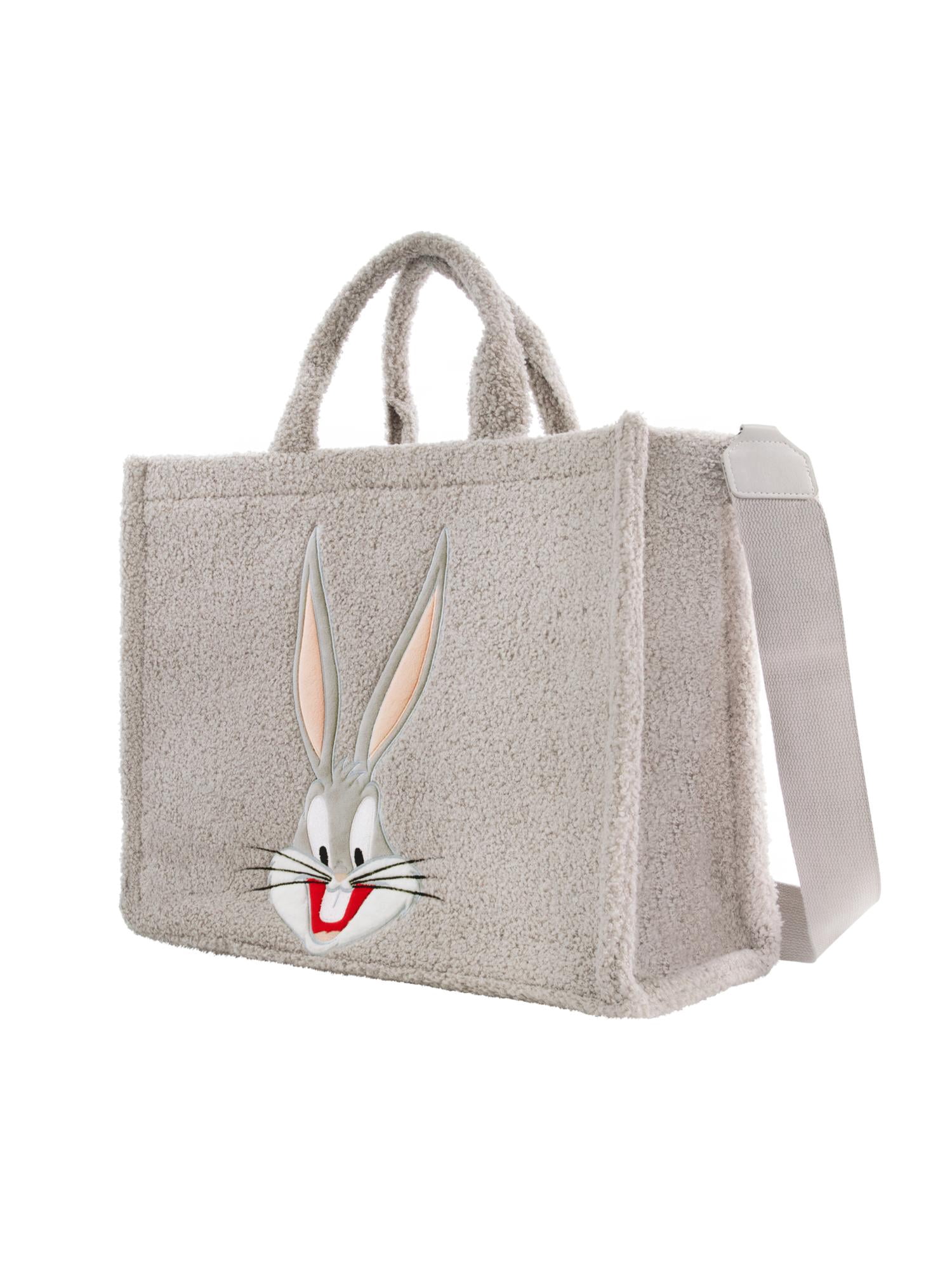 Looney Tunes Tote Bag, Bugs Bunny Faux Fur Travel Handbag with Adjustable Shoulder Strap and Trolley Sleeve, Gray