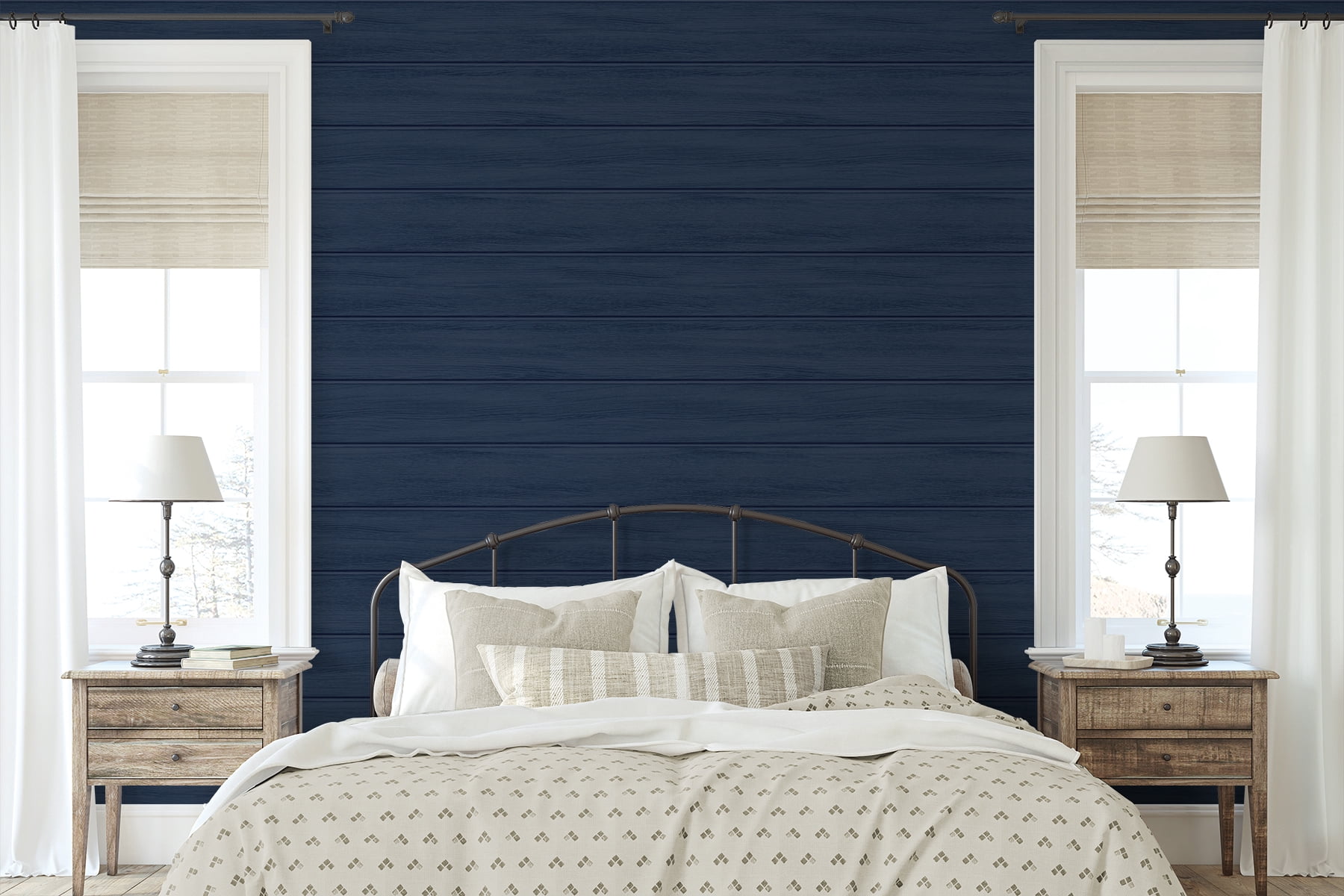 Seabrook Designs Naval Blue Faux Wood Panel Prepasted Wallpaper
