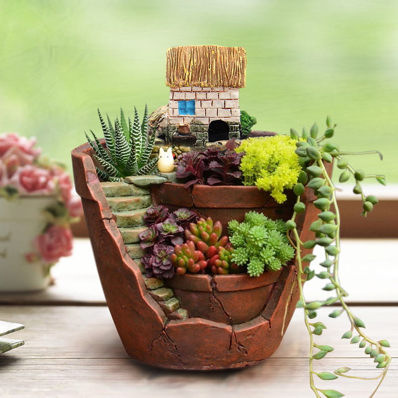 Resin Wooden Plant Container Planter Succulent Herb Flower Bed Trough Bonsai Pot 