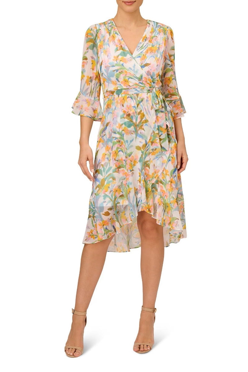 Adrianna Papell Day Floral Print Surplice V Neck 3 4 Sleeve Faux