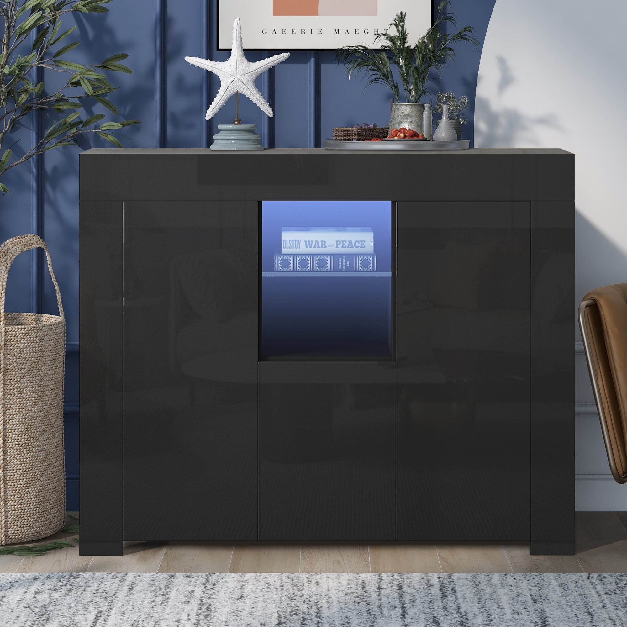 BTMWAY Black Buffet with LED Lights, Modern High Gloss Kitchen