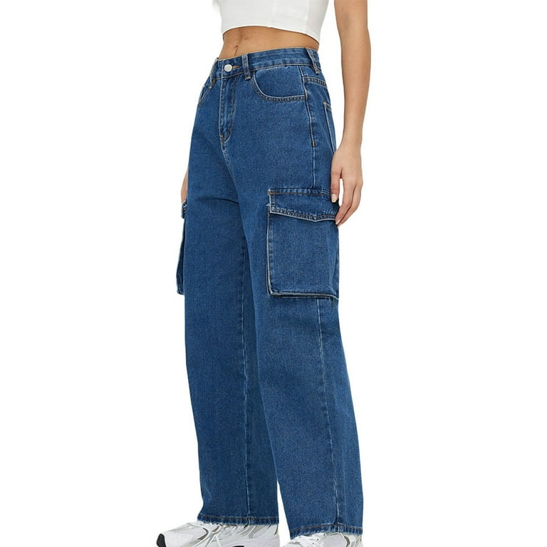 Cargo Jeans for Women Trendy High Waisted Wide Leg Denim