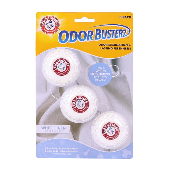 Arm & Hammer Odor Busterz Deodorizing Balls - Air Freshener and Odor Eliminator - Long Lasting Freshness for Home, Bathroom, Closet, Gym Bags, Sports Gear and More - 3-Count, White Linen Scent C33