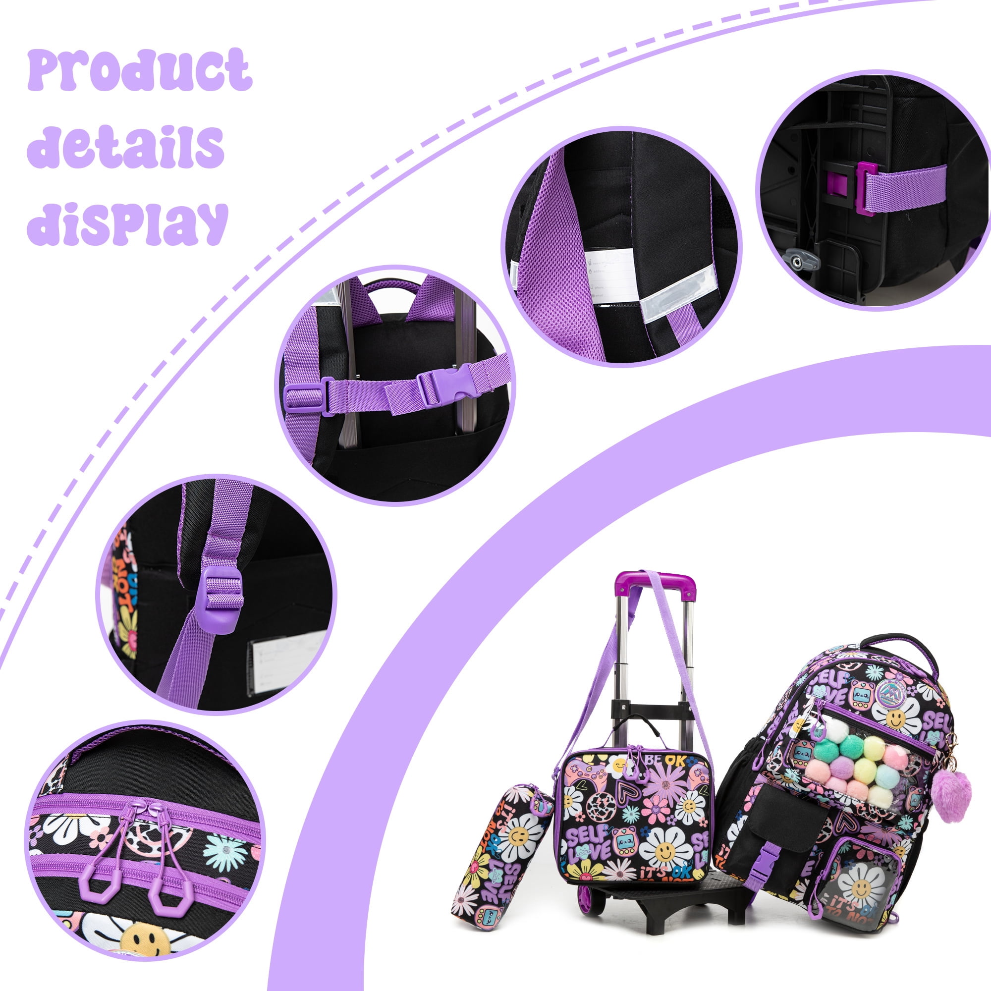 Rolling Backpack for Girls with Wheels School Bookbag with Lunch Box Pencil Case for Elementary Students Carry on Luggage Ages 8-10