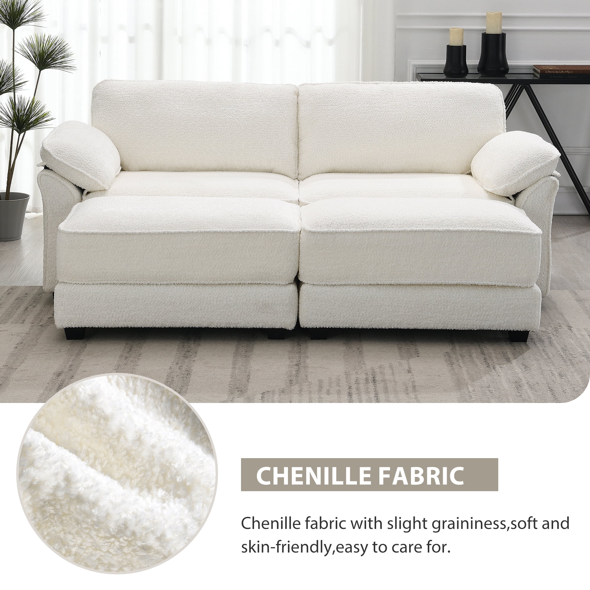 EUROCO 81" Modular Convertible Sectional Sofa Bed Set, Combinational 4 Seat Upholstered Sleeper Corner Couch Deep-Seat Loveseat with Removable Armrest Bag and Ottoman for Living Room, White
