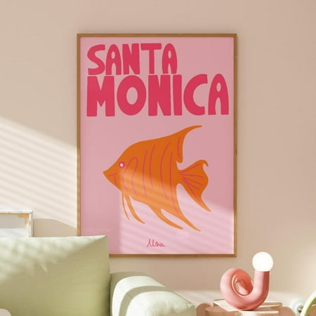 Santa Monica Travel Poster Minimal Tropical Preppy Decor, Unframed Paper Print Size 8x12