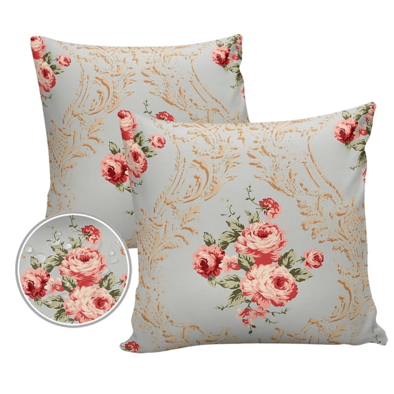 Pack of 2 Outdoor Pillow Covers, Vintage Hand Drawn Watercolor Pink Flowers Floral Waterproof Square Throw Pillowcase Cushion Decorative Pillow Covers for Couch Patio Tent, 18x18 in