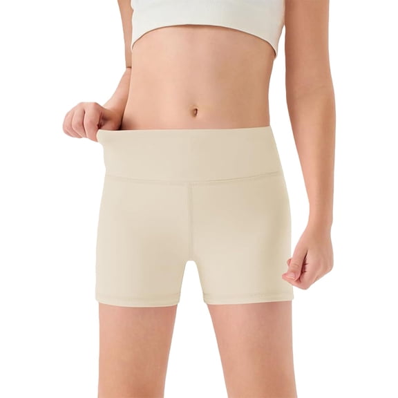 Girls High Waist Yoga Shorts, Tight Fit Workout Running Shorts for Kids, Breathable Quick Dry Dance Shorts and Athletic Leggings, Fitness Shorts for Age 5-14 Years Beige 120