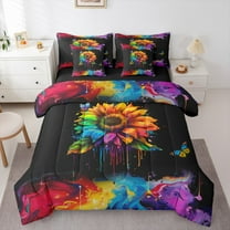 Manfei Colorful Sunflower 7 Pieces Bedding Comforter Set,Watercolor Splash Ink Full Bedding Set,Modern Aesthetic Art Fitted Sheet Flat Sheet For Children,Breathable Home Decor Reversible