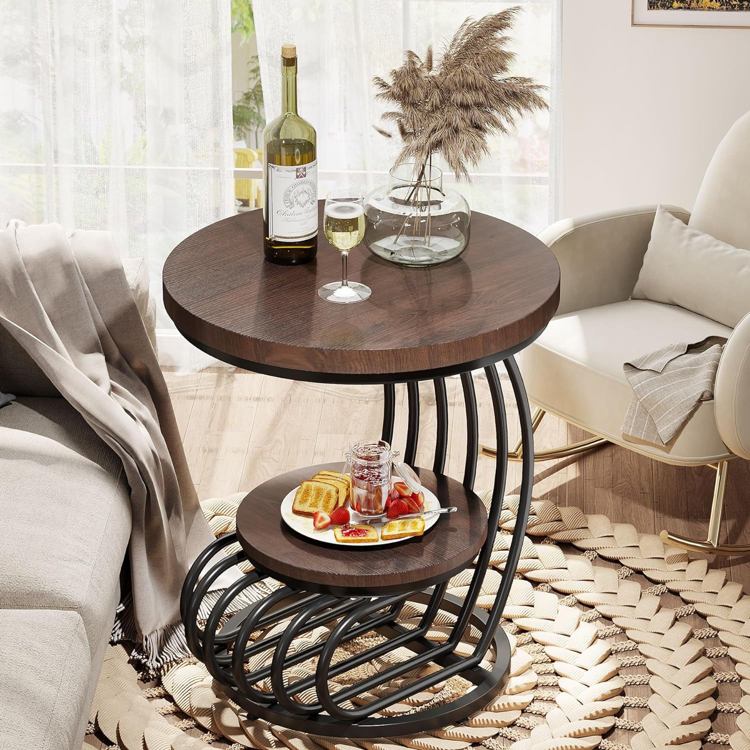 Tribesigns Round End Side Table, Side Table with 2 Tiers Storage Shelves, Vintage End Table for Living Room