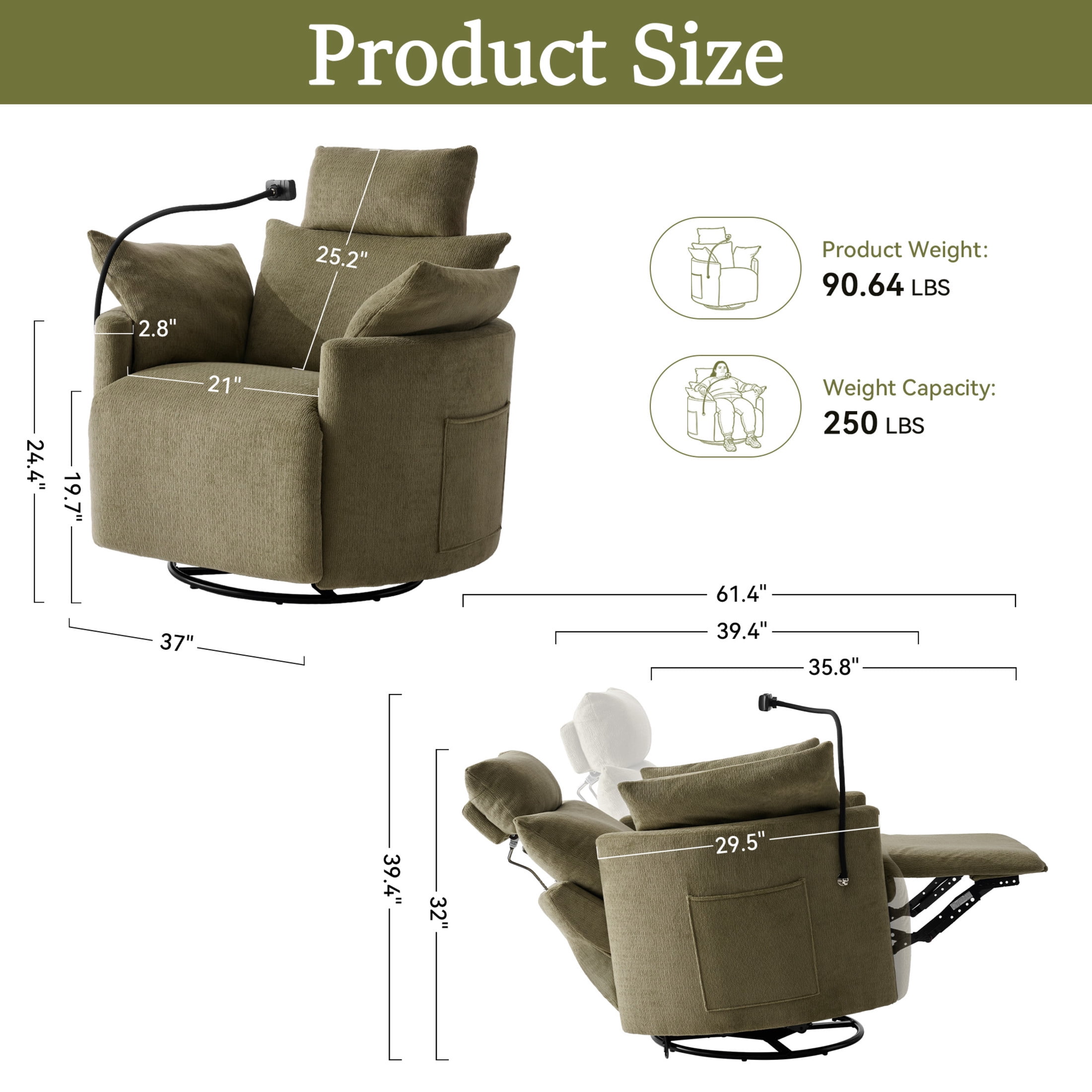Noble House Sigrid 360° Swivel Rocking Recliner Chair, Electric Power Adjustable Chenille Armchair with USB, Light Green
