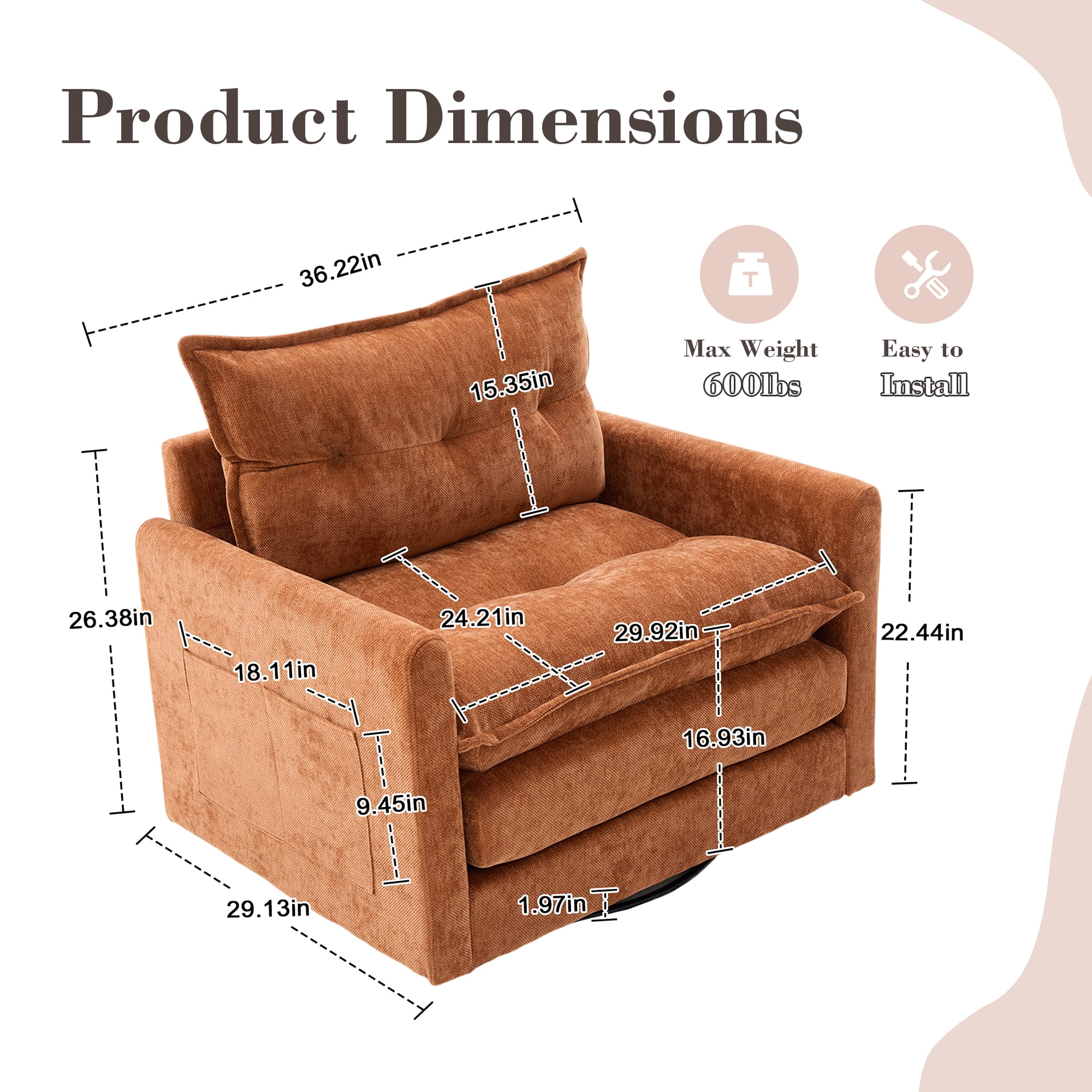 MOOBMISS 360°Swivel Accent Chair, Chenille Upholstered Armchair with Side Pockets & Cushion, Modern Accent Chair with Metal Base for Living Room Bedroom,Brown