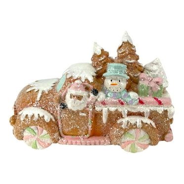 Holiday Gingerbread Truck with Santa, Snowman and Christmas Trees Figurine 7.8 Inch