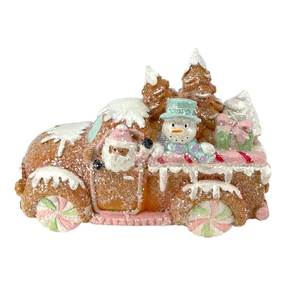 Holiday Gingerbread Truck with Santa, Snowman and Christmas Trees Figurine 7.8 Inch